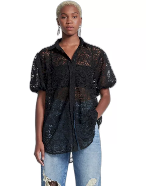Puff Sleeve Lace Button-Up Tunic in Black