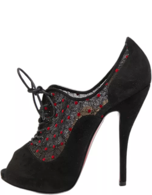 Christian Louboutin Black Suede and Mesh Peep Toe Platform Ankle Bootie