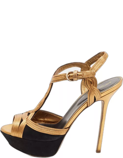 Sergio Rossi Gold/Black Suede and Leather Platform Ankle Strap Sandal