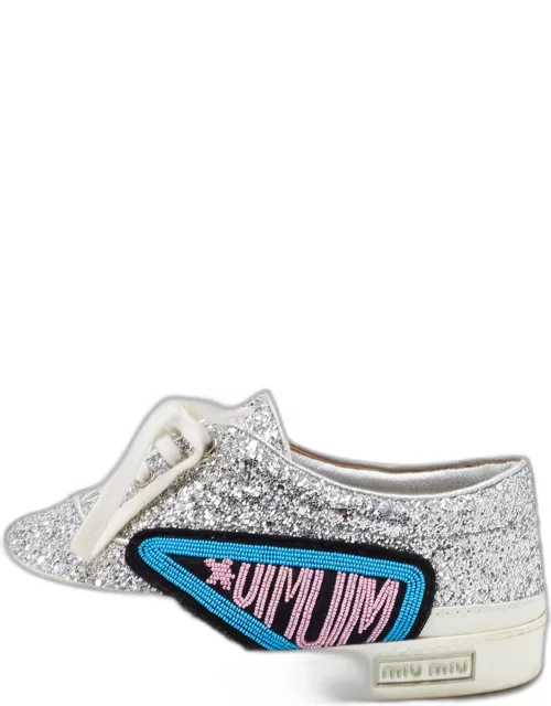 Miu Miu Silver/White Leather and Glitter Patch Slip on Sneaker