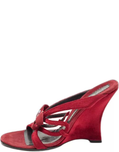 Casadei Red Velvet Bow Embellished Wedge Strappy Sandal