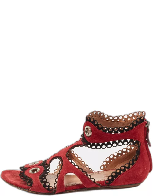 Alaia Burgundy Suede Scallop Trim Eyelet Embellished Ankle Cuff Flat Sandal
