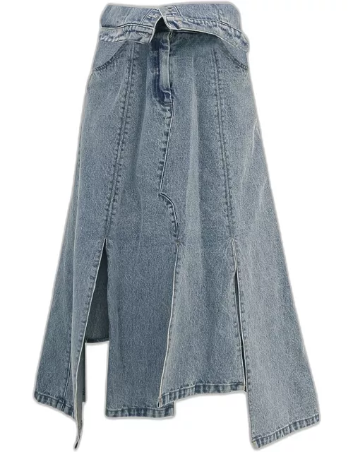 Flap Detailed Denim Asymmetric Skirt