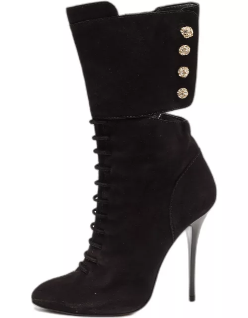 Giuseppe Zanotti Black Suede Crystals Embellished Mid Calf Boot