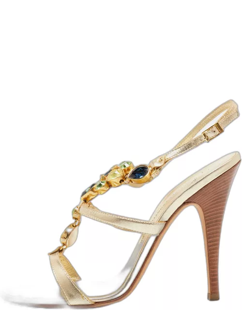 Giuseppe Zanotti Gold Leather Crystal Embellished Ankle Strap Sandal