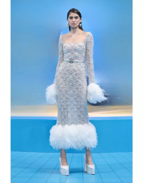 Georges Hobeika Beaded Lace Dress with Feather Tri
