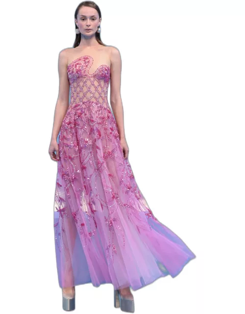 Georges Hobeika Beaded Tulle with Asymmetrical Bodice Dres