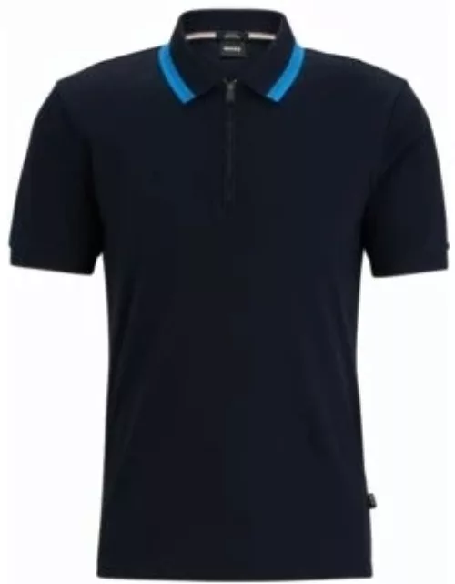 Slim-fit polo shirt in cotton with zipper neck- Dark Blue Men's Polo Shirt