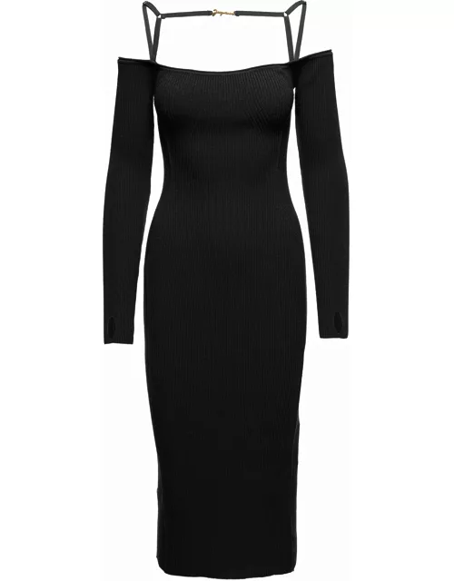Jacquemus le Robe Sierra Long Black Ribbed Off-the-shoulder Dress In Viscose Blend Woman