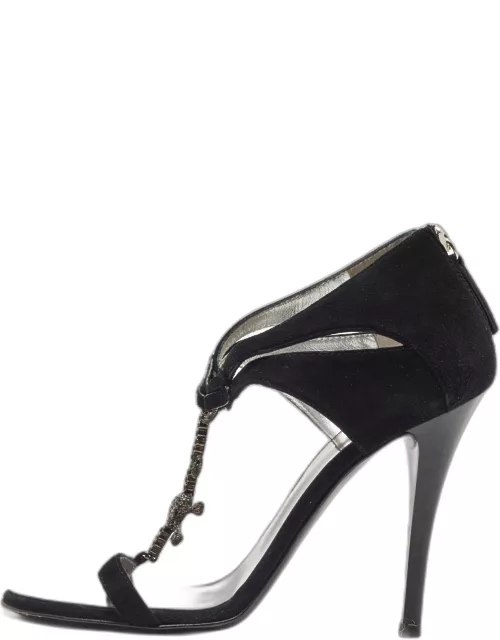 Giuseppe Zanotti Black Suede Crystal Embellished T-Strap Sandal
