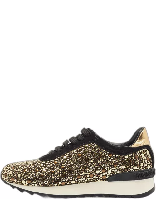 Casadei Black/Gold Suede and Leather Studded Low Top Sneaker