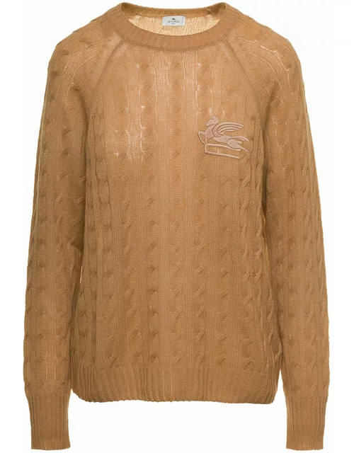 Etro Beige Braided Pullover With Embroidered Logo On The Chest In Cashmere Woman
