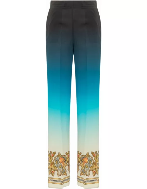 Etro Blue Palazzo Trousers In Shaded Crepe De Chine With Paisley Pattern