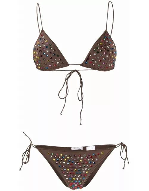 Brown triangle bikini set with multicoloured sequin