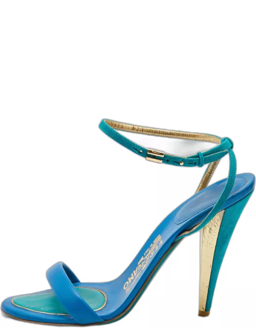 Salvatore Ferragamo Blue/Green Leather and Suede Ankle Strap Sandal