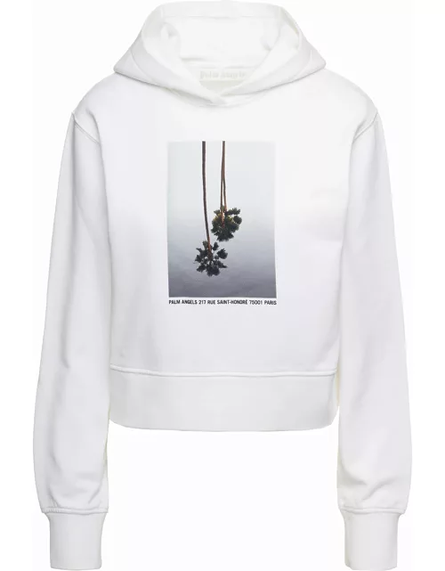 Palm Angels White Cropped Hoodie And Contrasting Print In Cotton Woman