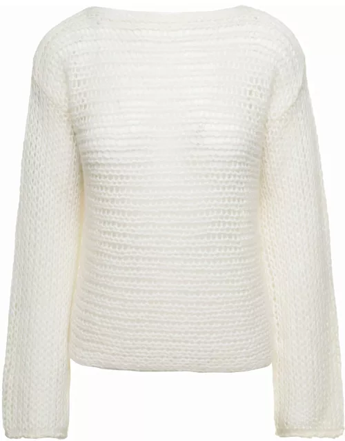 Forte_Forte White Cropped Sweater With Boat Neckline In Wool Blend Woman