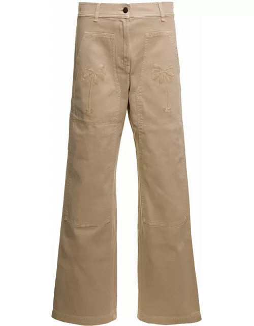 Palm Angels Beige cargo Pants With Embroidered Palm In Cotton Denim Woman