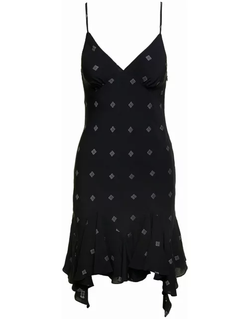 Givenchy Black Mini Dress With Contrasting All-over monogram Print In Wool Blend Woman