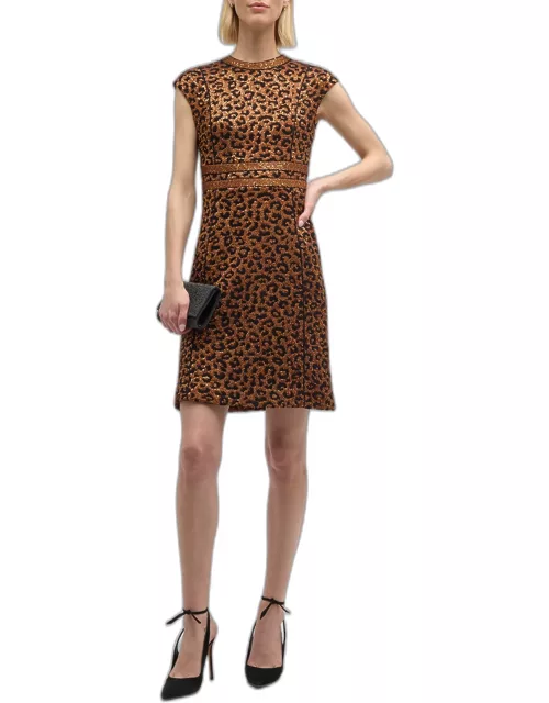 Leopard Sequin Knit Cap-Sleeve A-Line Dres