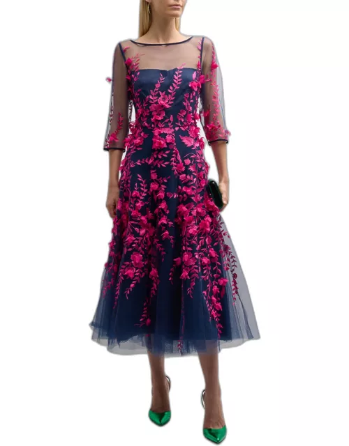 Floral Embroidered 3/4-Sleeve Midi Tulle Illusion Dres