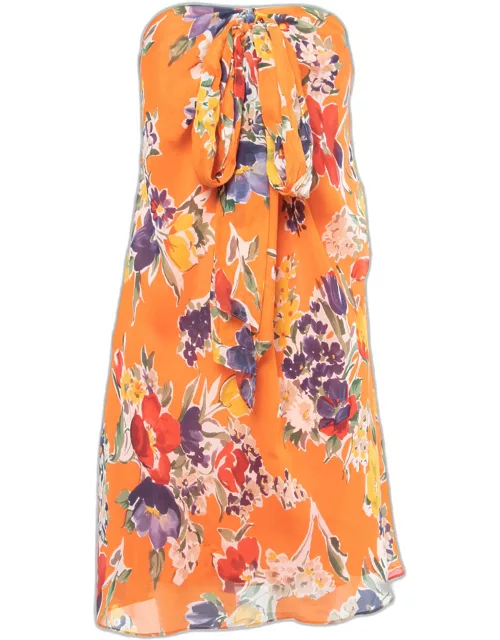 Polo Ralph Lauren Orange Floral Print Silk Strapless Mini Dress