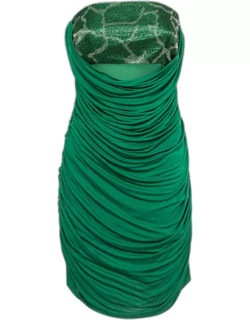 Roberto Cavalli Green Embellished Jersey Draped Strapless Dress