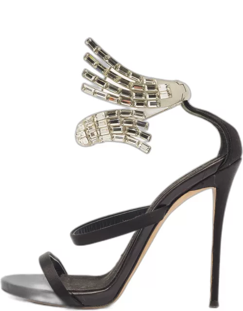 Giuseppe Zanotti Black Satin Crystal Embellished Vera Ankle Cuff Platform Sandal