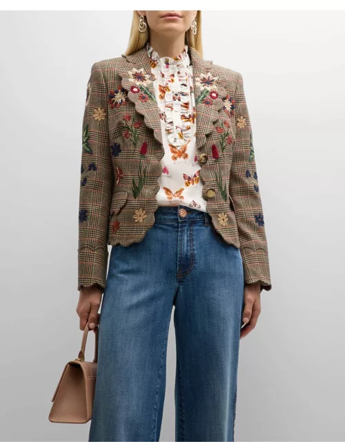 Floral Embroidered Plaid Scalloped Single-Breasted Blazer Jacket
