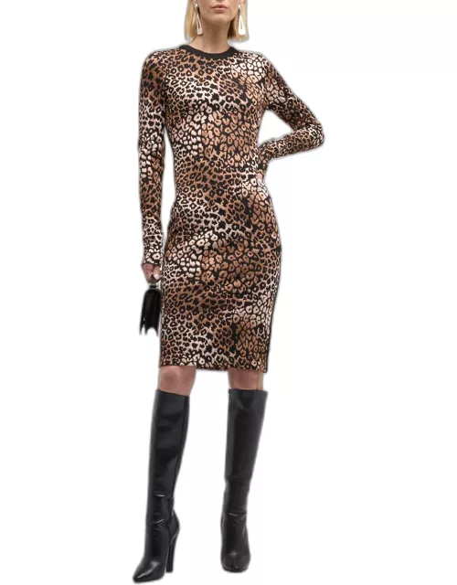 Leopard Jacquard Side-Stripe Long-Sleeve Dres