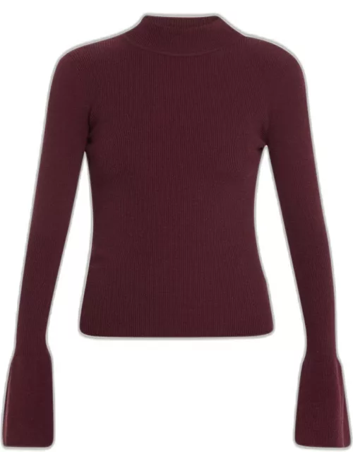 Devin Ribbed Mock-Neck Bell-Cuff Sweater