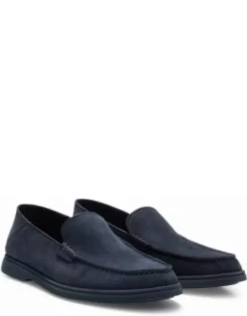 Nubuck moccasins with embossed logo and apron toe- Dark Blue Men's Casual Shoe