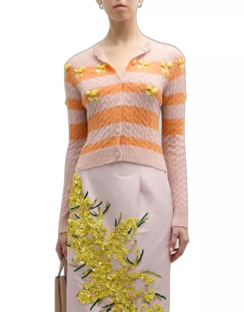 Lilibeth Floral-Beaded Striped Cable-Knit Cardigan