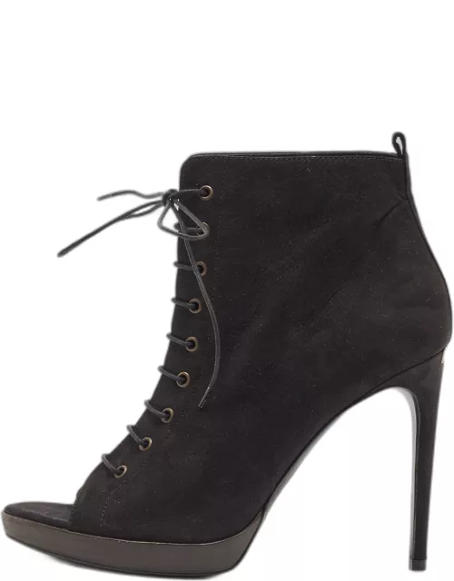 Burberry Black Nubuck Leather Peep Toe Lace Up Ankle Boot