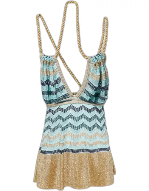 M Missoni Blue Patterned Lurex Knit Rope Strappy Top