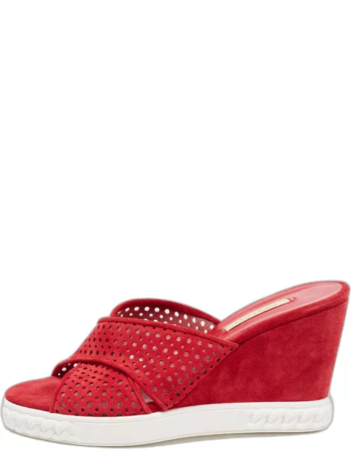 Casadei Red Suede Perforated Wedge Sandal