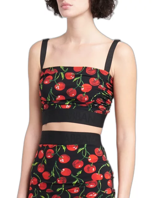 Cherry-Print Ruched Jersey Crop Top