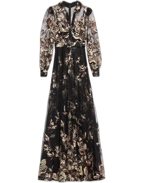 Belted Embroidered Sequin Lace Shirt Gown
