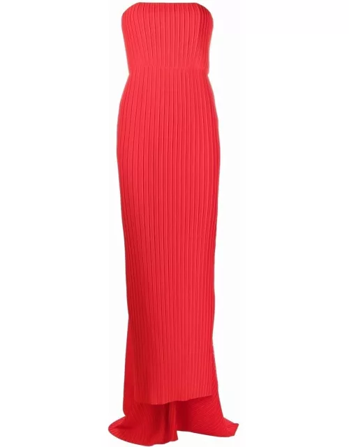 Red strapless long dress with pleat