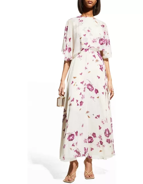 Butterfly Floral Capelet Silk Midi Dres