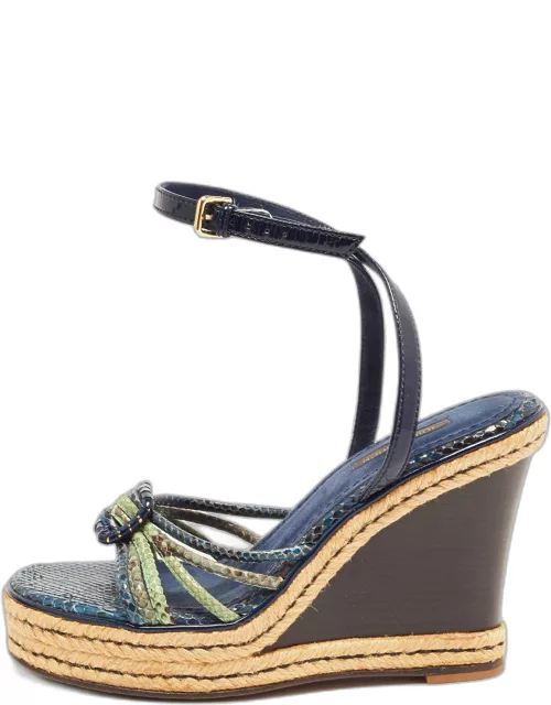 Louis Vuitton Navy Blue/Green Snakeskin and Patent Leather Wedge Strappy Sandal