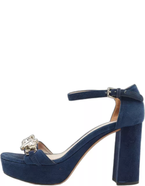 Miu Miu Navy Blue Suede Crystal Embellished Ankle Strap Sandal