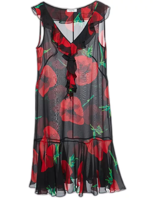 Moschino Cheap and Chic Black Floral Print Silk Chiffon Ruffled Neck Sleeveless Midi Dress