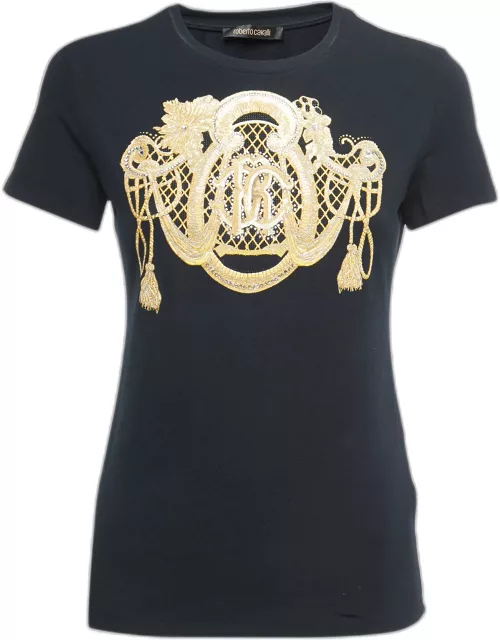 Roberto Cavalli Black Embroidered Cotton Crew Neck T-Shirt