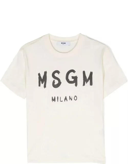 MSGM Cream T-shirt With Brushed Logo