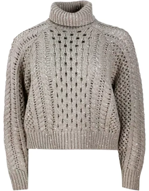Brunello Cucinelli Special Knit Turtleneck Sweater With Long Sleeves In Fine Cashmere Embellished With Lurex Threads And Micro Sequins Applied For Exclusive Detail