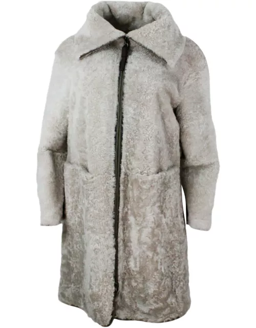 Brunello Cucinelli Long Coat In Precious And Refined Shearling Sheepskin With Zip Closure Embellished With Rows Of Brilliant Jewels And With Front Pocket