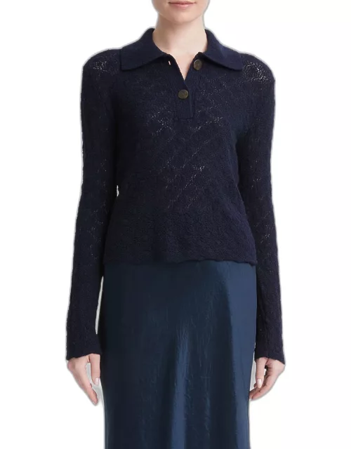 Lace Stitch Wool Long-Sleeve Polo Top