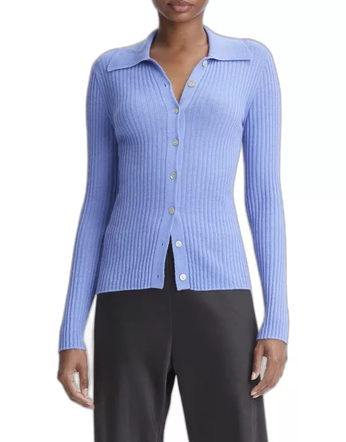 Ribbed Cashmere Wool Button-Front Polo Cardigan
