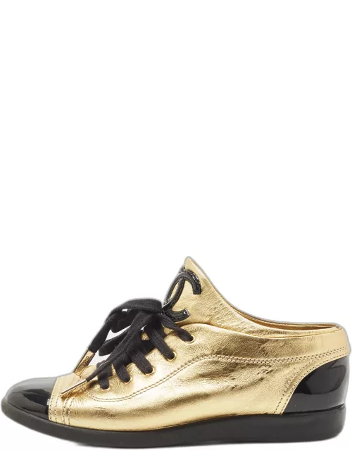 Chanel Gold/Black Patent And Leather Cap Toe Sneaker
